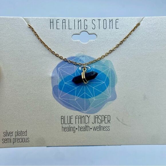 Healing Stone Blue Fancy Jasper Silver Plated Gold Tone Necklace - Picture 2 of 4